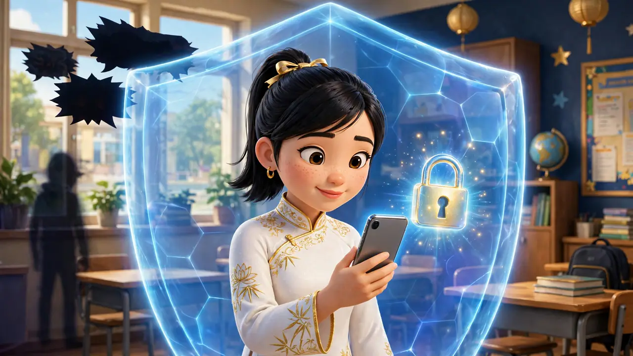 Học sinh dùng điện thoại an toàn sau chiếc khiên bảo vệ