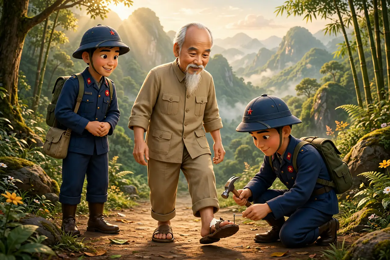 Bác Hồ đi đôi dép cao su cùng các chiến sĩ trên đường rừng Việt Bắc