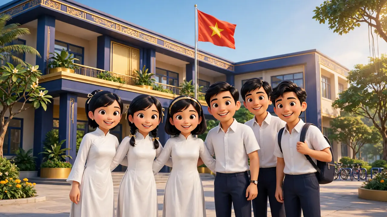 Học sinh Trường THPT chuyên Thoại Ngọc Hầu trước sân trường