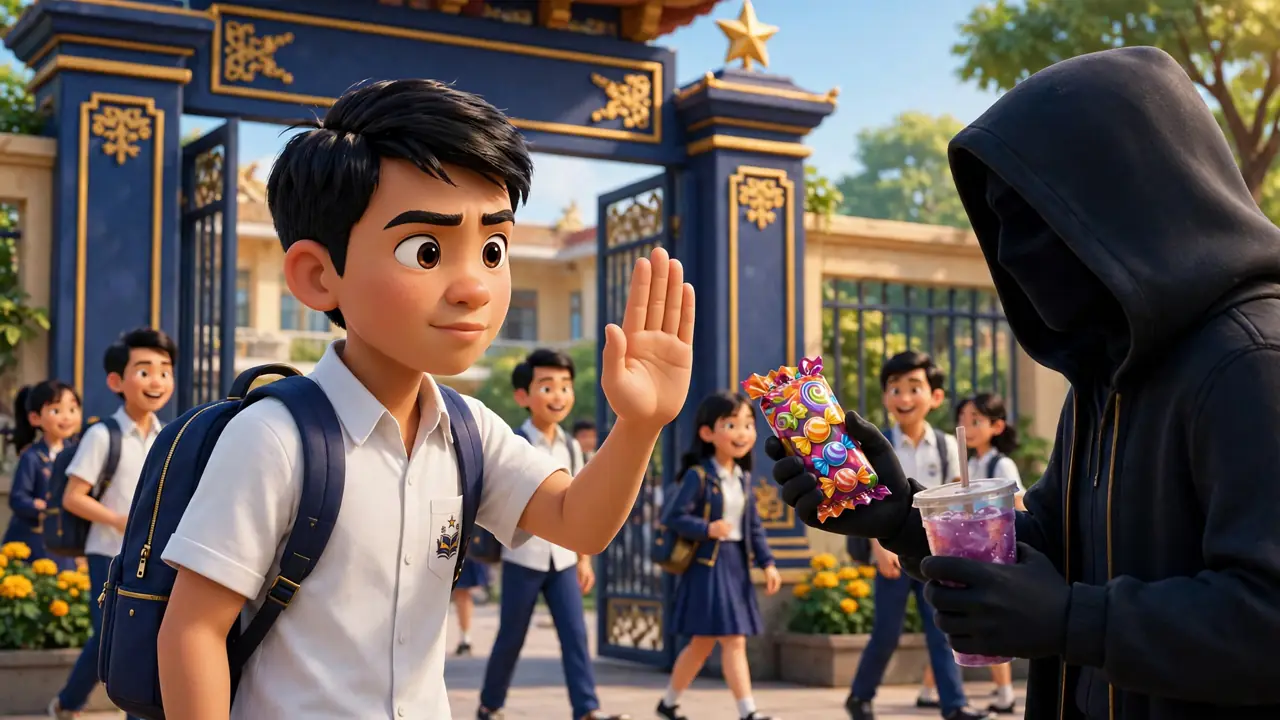 Học sinh dứt khoát từ chối kẹo và nước lạ từ người lạ ở cổng trường