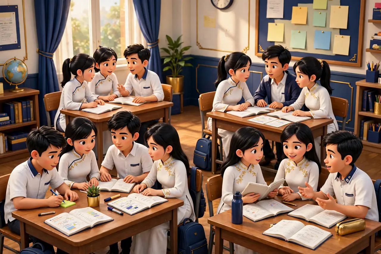 Các tổ học sinh thảo luận và ghi cam kết hành động