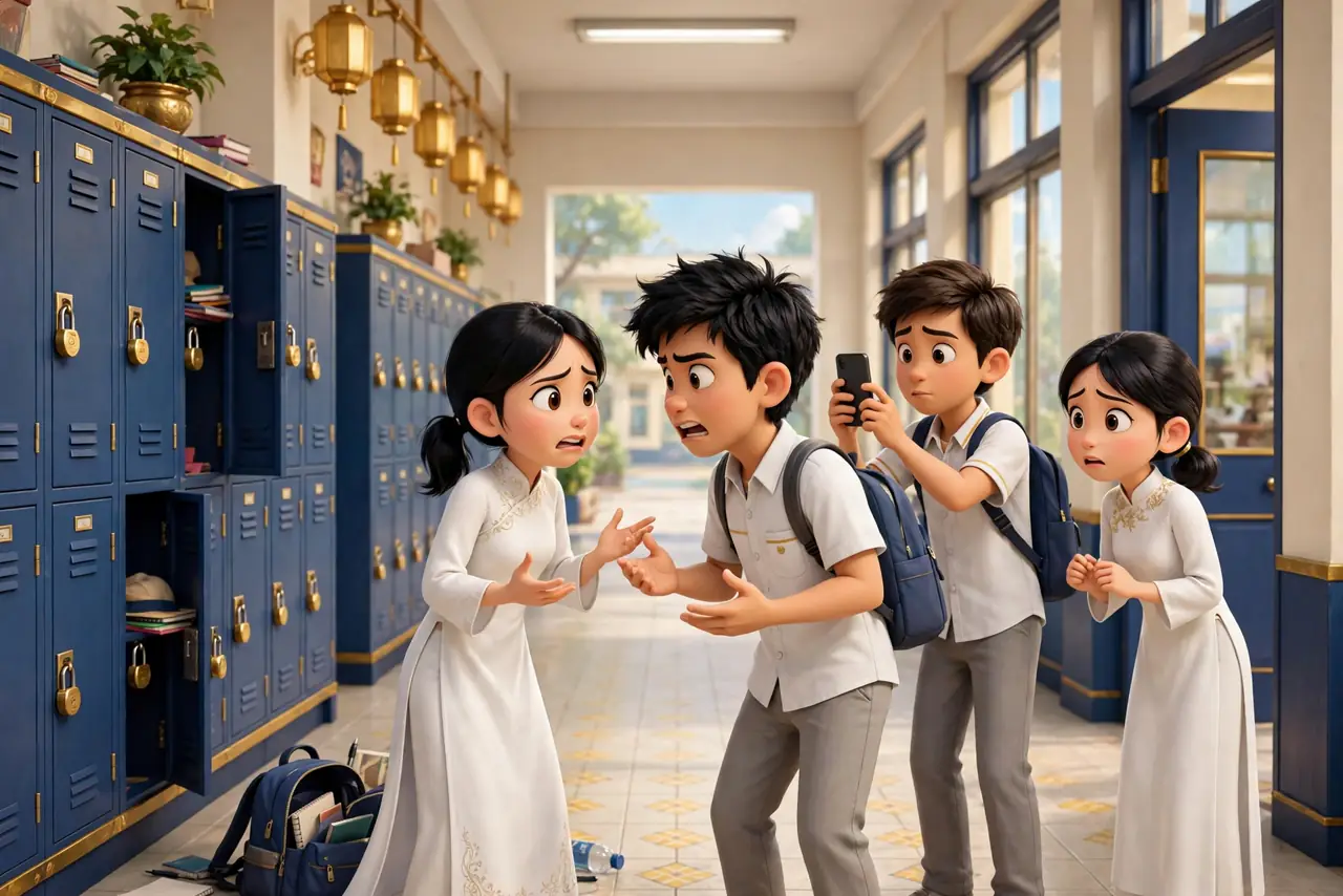 Hai bạn va chạm, cãi nhau ở hành lang, một bạn giơ điện thoại quay clip