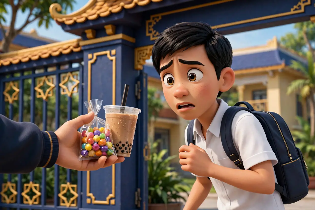 Người lạ đưa gói kẹo và ly trà sữa không rõ nguồn gốc ở cổng trường