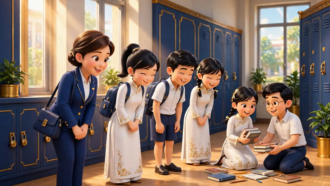 Học sinh lễ phép chào thầy cô và giúp bạn nhặt sách